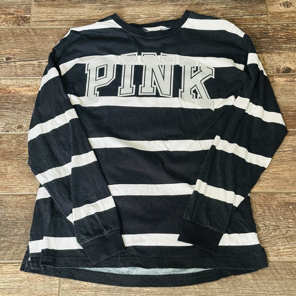 Pink Victoria's Secret - Navy Blue Striped Spell-out Stripes Sweatshirt Small